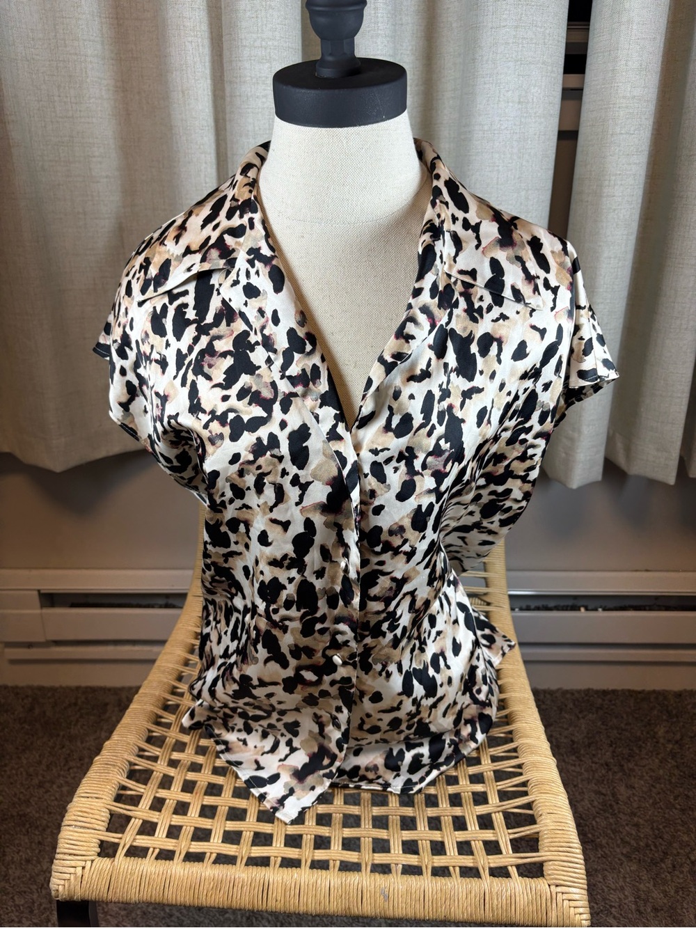 Banana Republic Satin Leopard Print Blouse - Black & Cream with Taupe Accents